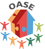 'OASE'-Schriftzug mit bunten Figuren, die um ein Haus aus Puzzleteilen herum stehen.